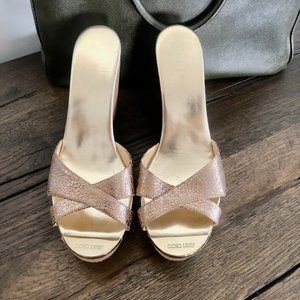 Jimmy Choo Leather Gold Cork Wedges